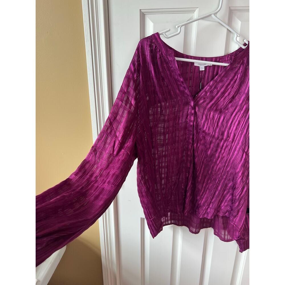 NEW Chico's Split Neck Crinkle Blouse Magenta Purple Shimmer Long Sleeve Sz 16 - Picture 9 of 16